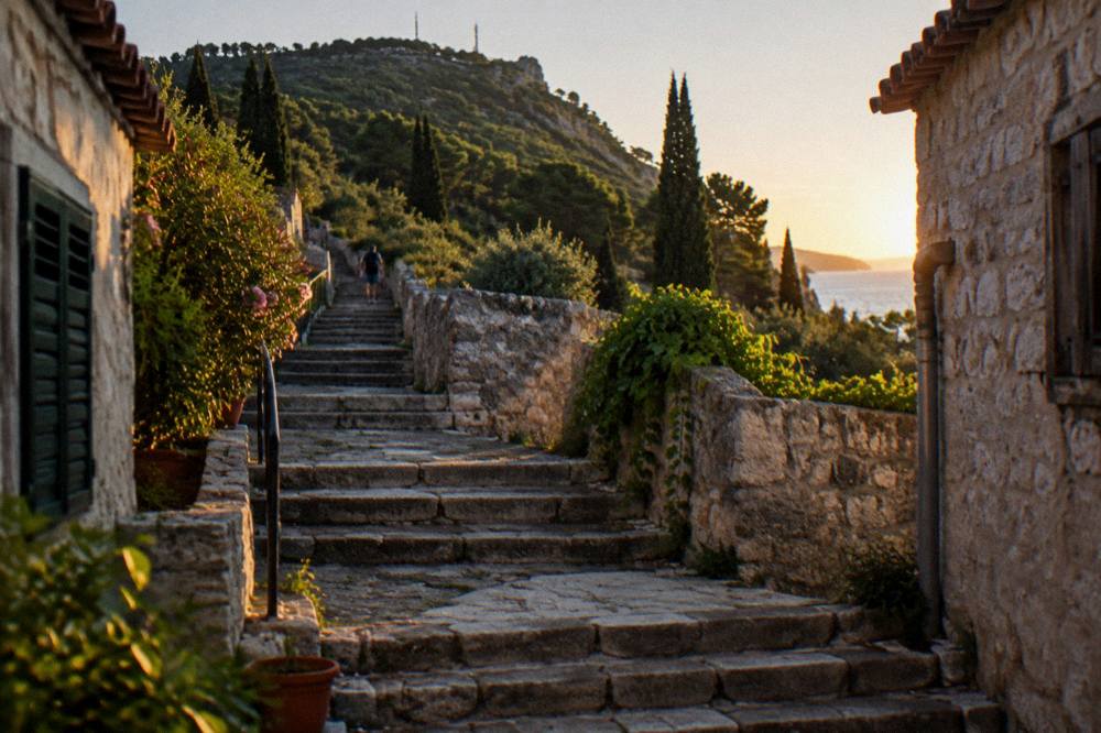 A set of stone steps climbing between old houses toward Marjan hill in Split