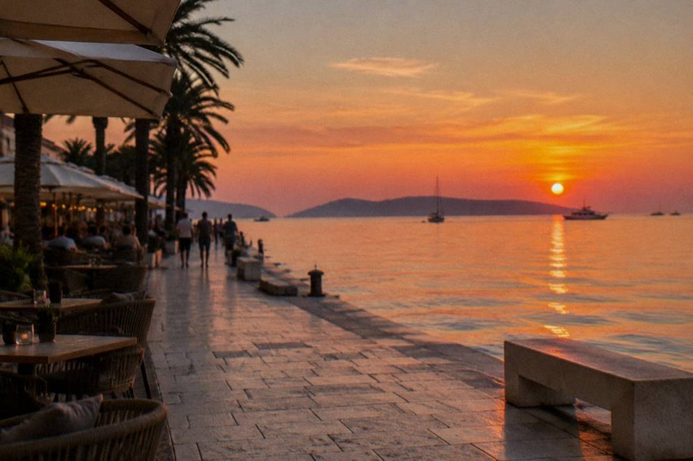A paved seaside terrace with cafés and umbrella shades above a calm blue sea in the evening