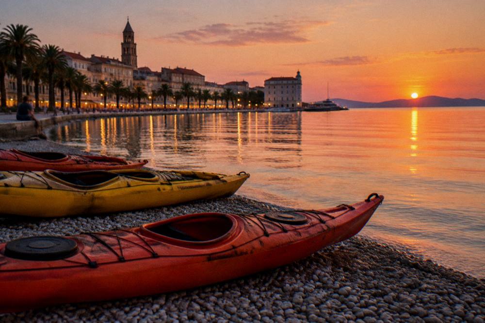 Kayaks pulled onto a pebble shore at dusk with a city waterfront glowing behind them