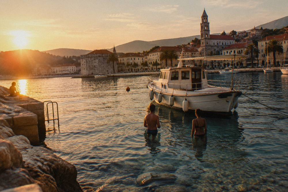 Swimmers standing in shallow clear water beside a moored boat in a small cove