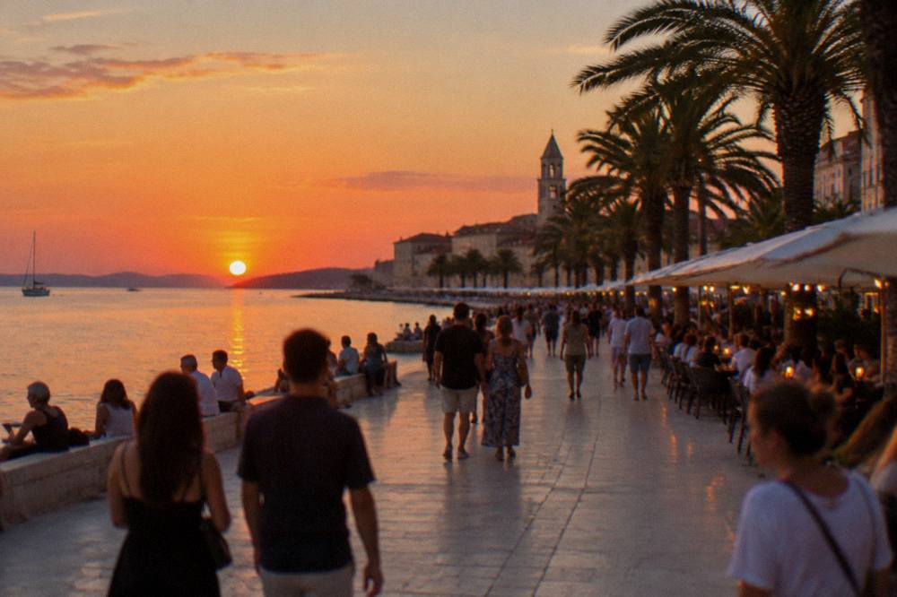 Crowded waterfront promenade in Split with palm trees and cafe terraces in the evening