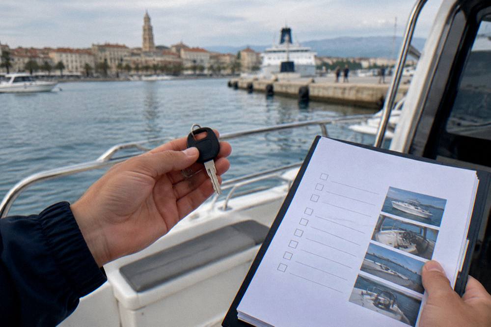 Close up of hands holding a boat key and a rental checklist on a sunny deck