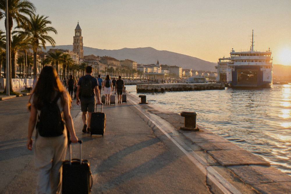 Passengers with suitcases walking along the Split waterfront road toward the ferry port
