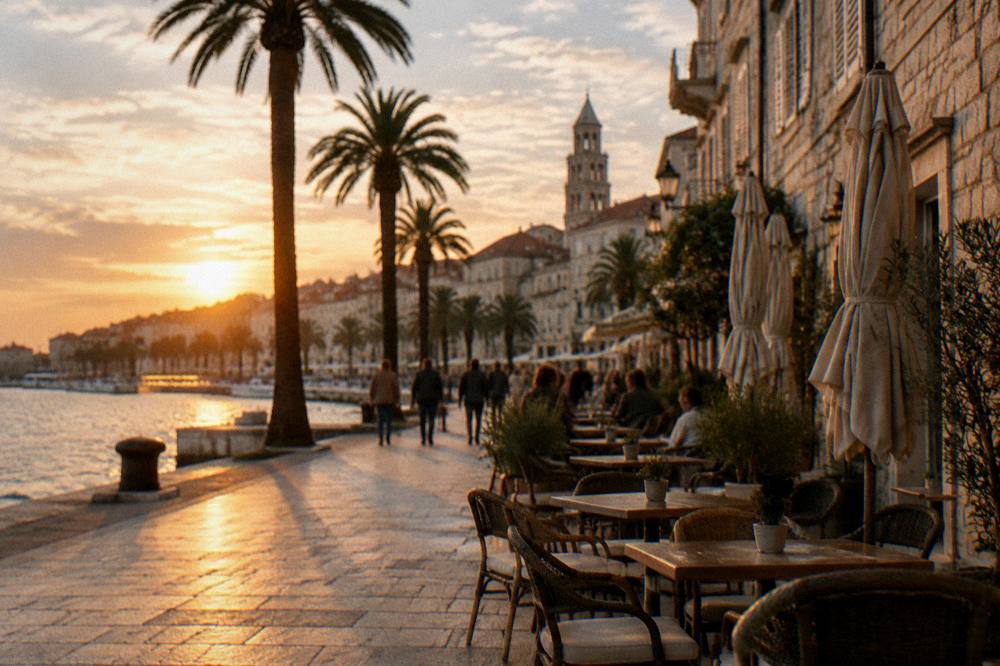 Stone buildings and cafe tables on a narrow street behind the Split waterfront at golden hour