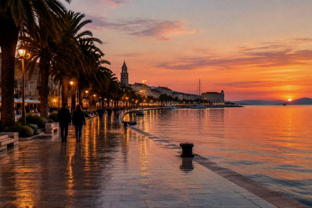 The Split waterfront promenade at dusk with street lights reflecting on wet stone paving