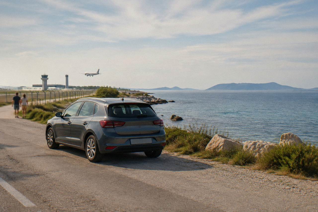 A rental car parked on a coastal road with the Adriatic Sea and islands in the background