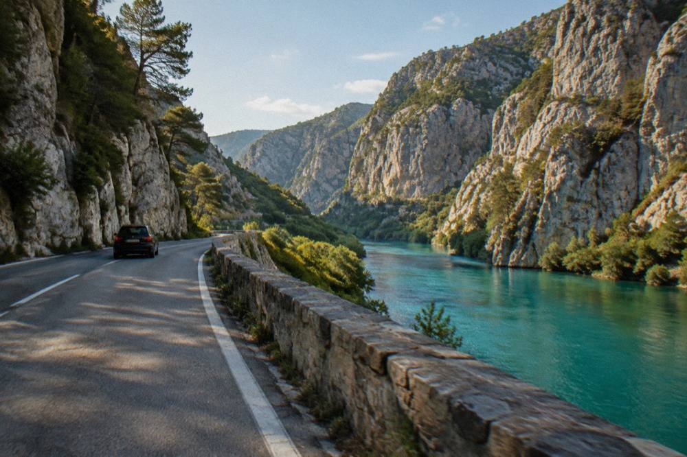 A car driving on a winding road beside a turquoise river canyon