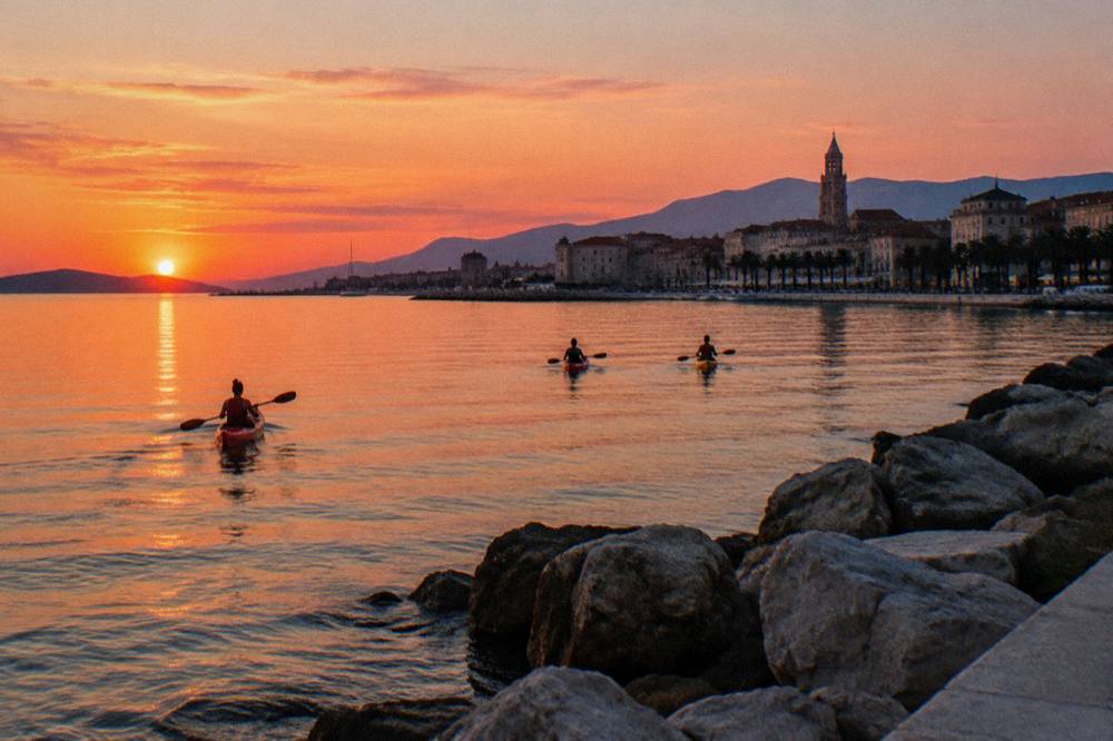 People kayaking near a rocky coastline at sunset with the city behind