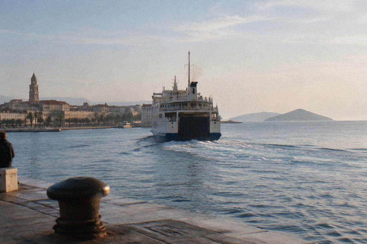 Ferry departing Split harbour with the Adriatic islands on the horizon