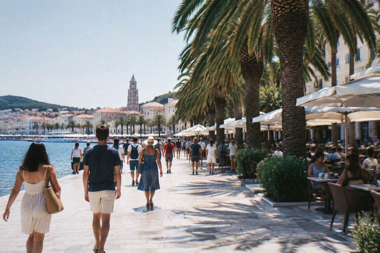 Crowds walking along the seafront promenade in Split beside palm trees and cafe terraces