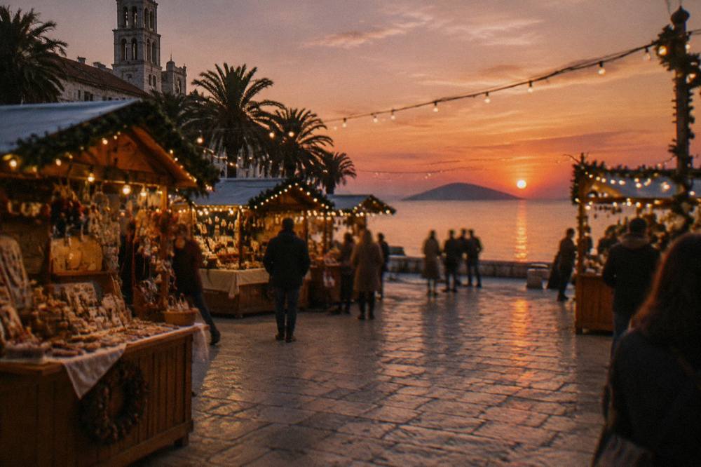 Festive wooden market stalls with string lights on a stone square in Split at dusk