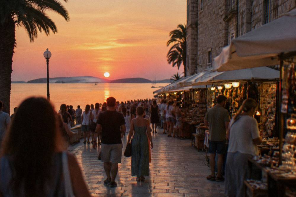 Evening crowds filling a narrow stone street with open air stalls in the old town