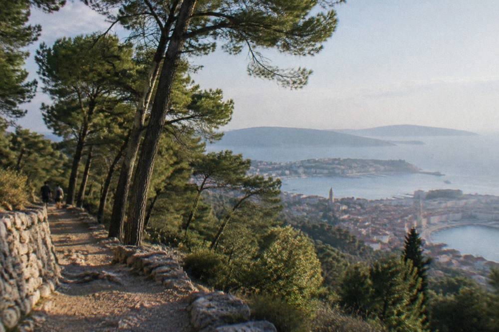 Pine covered hillside path above the sea with views over a city and islands