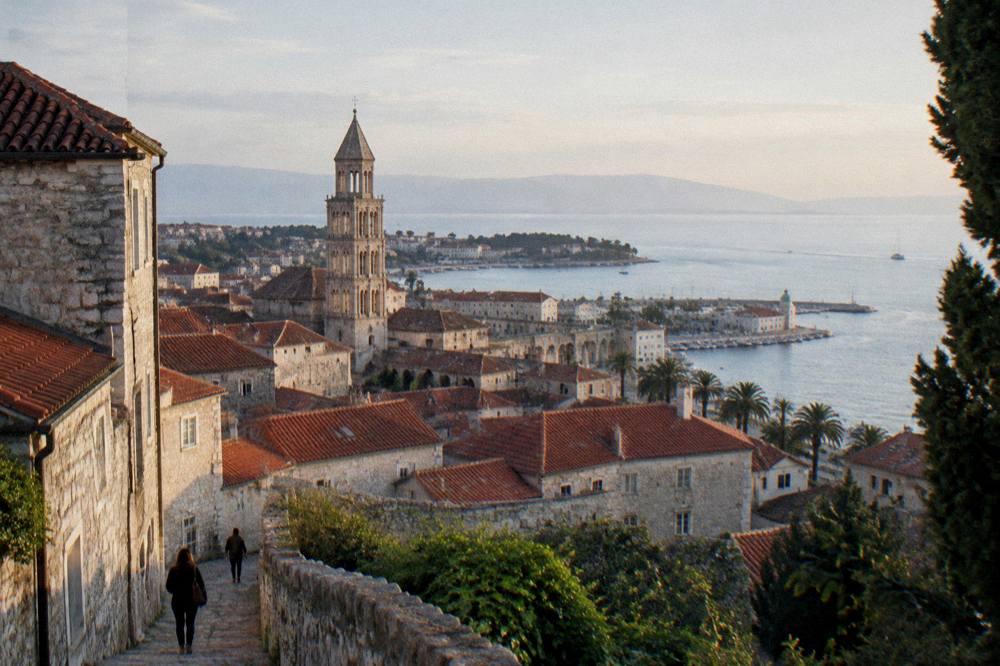 Stone buildings and terracotta roofs of an old town seen from a hillside above the sea