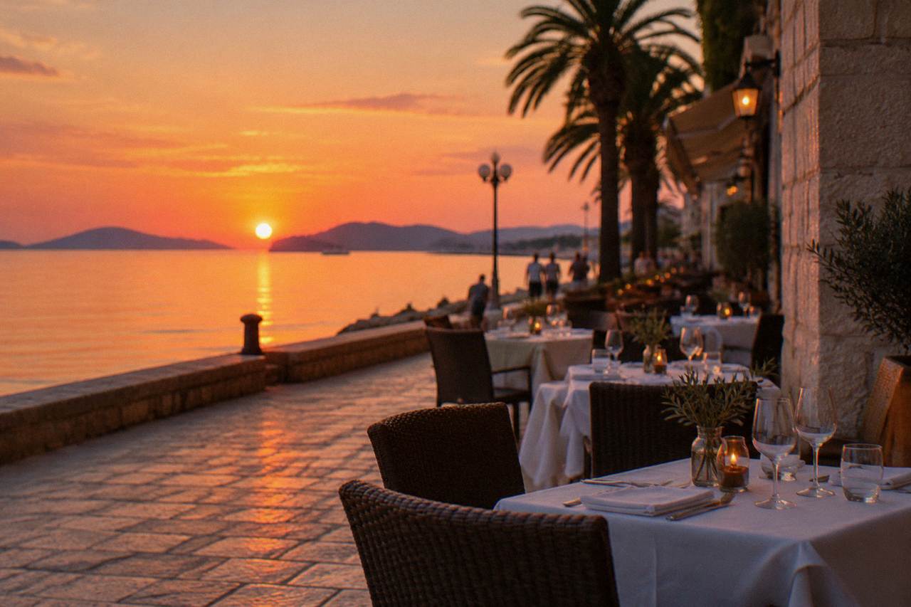 Outdoor restaurant tables with white cloths beside stone walls in an old Mediterranean town square in the evening