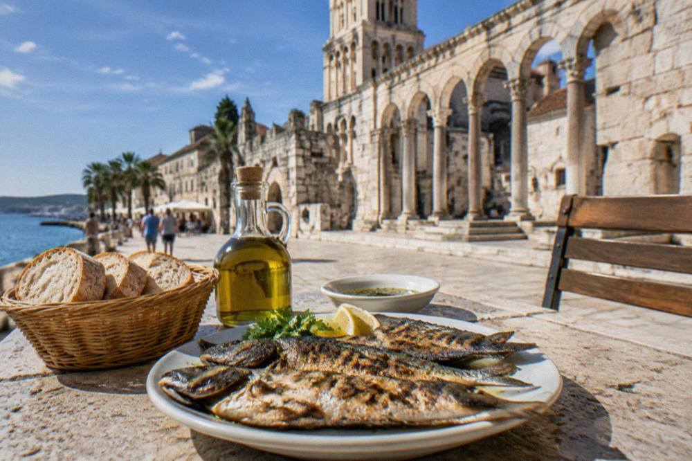 A plate of grilled whole fish with lemon, olive oil and bread on a stone table