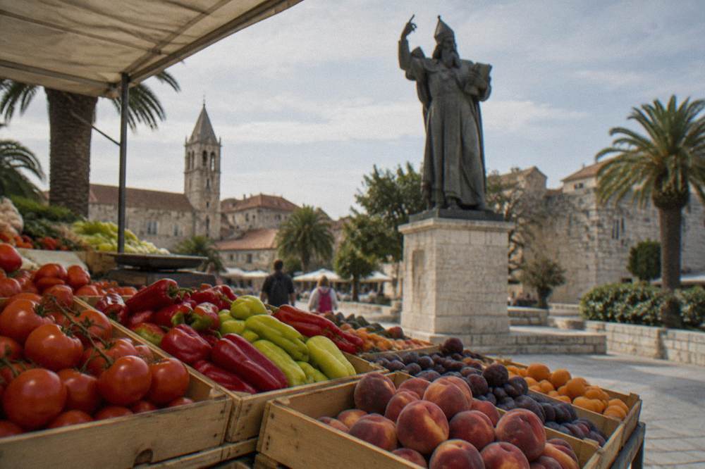 A stall of tomatoes, peppers and stone fruit displayed in crates at an open air market