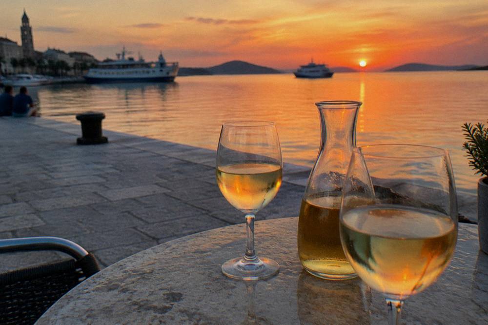 Glasses of white wine and a carafe on a stone table beside a harbour at dusk