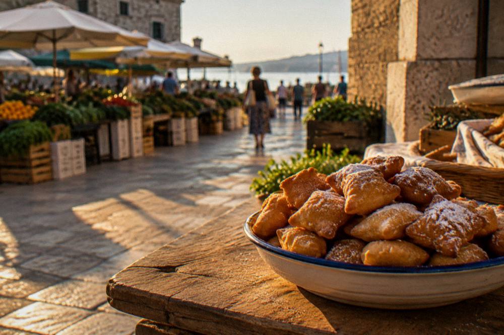A bowl of small fried pastries dusted with sugar on a wooden board