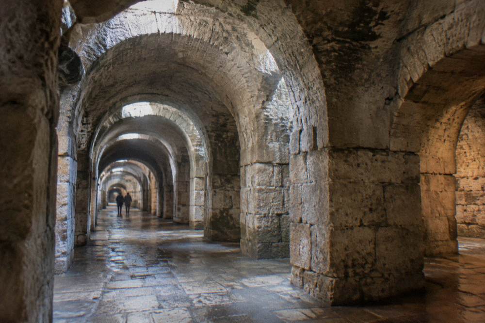 Vaulted stone corridors of the Diocletian's Palace cellars in Split