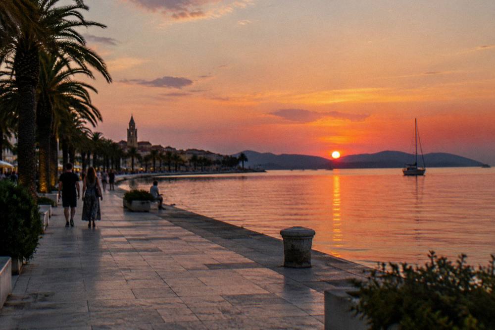 Evening light over Split's Riva promenade and the Adriatic islands