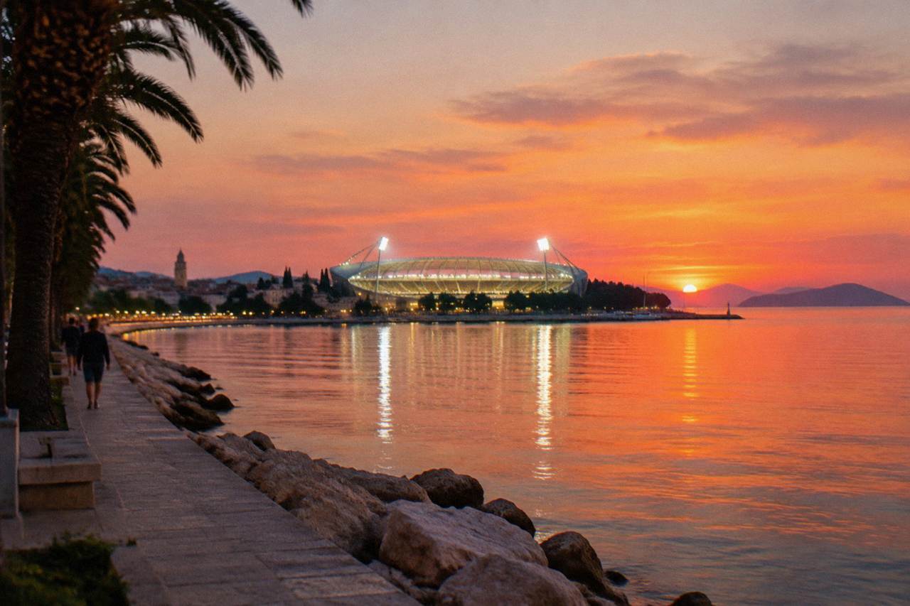 A football stadium glowing under floodlights before an evening match
