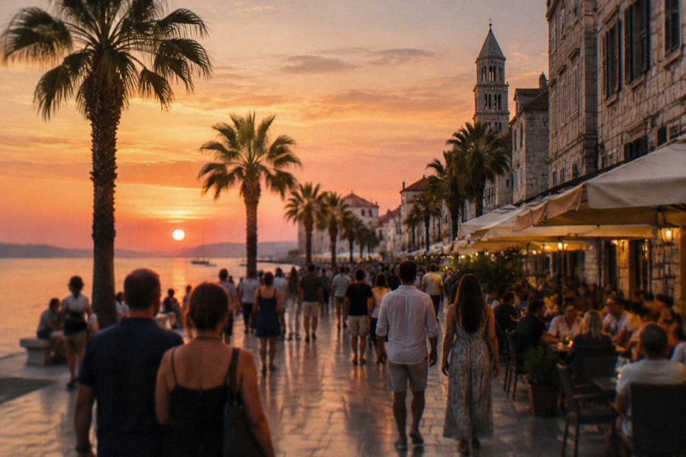 A crowded old town street with stone buildings and cafe terraces in the evening