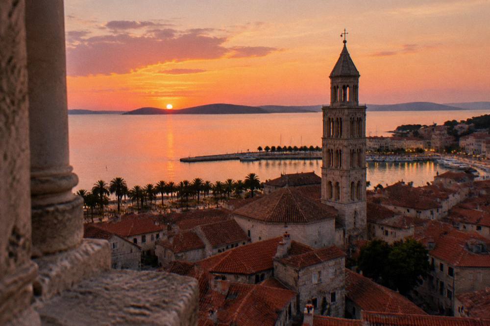 An evening view over red rooftops and a bell tower toward the sea with lights along a promenade