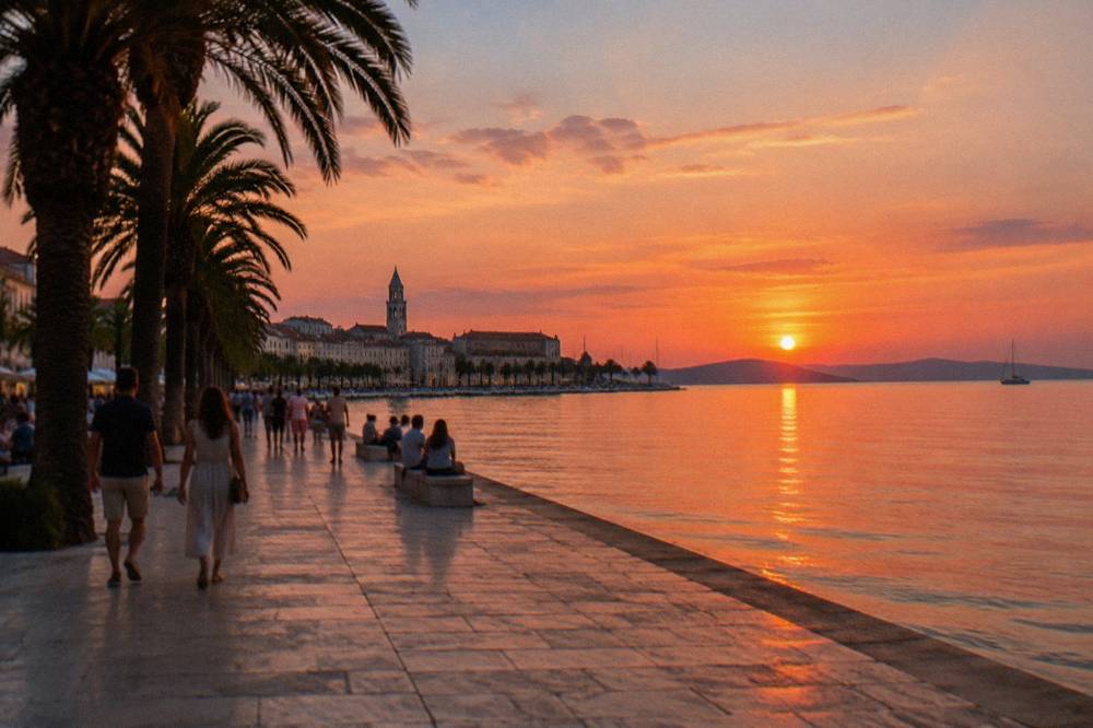 Evening light on the Riva seafront promenade with palm trees and people strolling