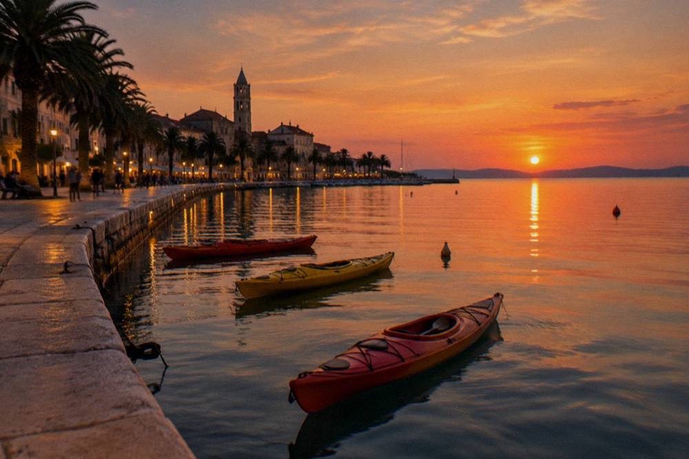 Kayaks floating on calm evening water beside a lit stone seafront
