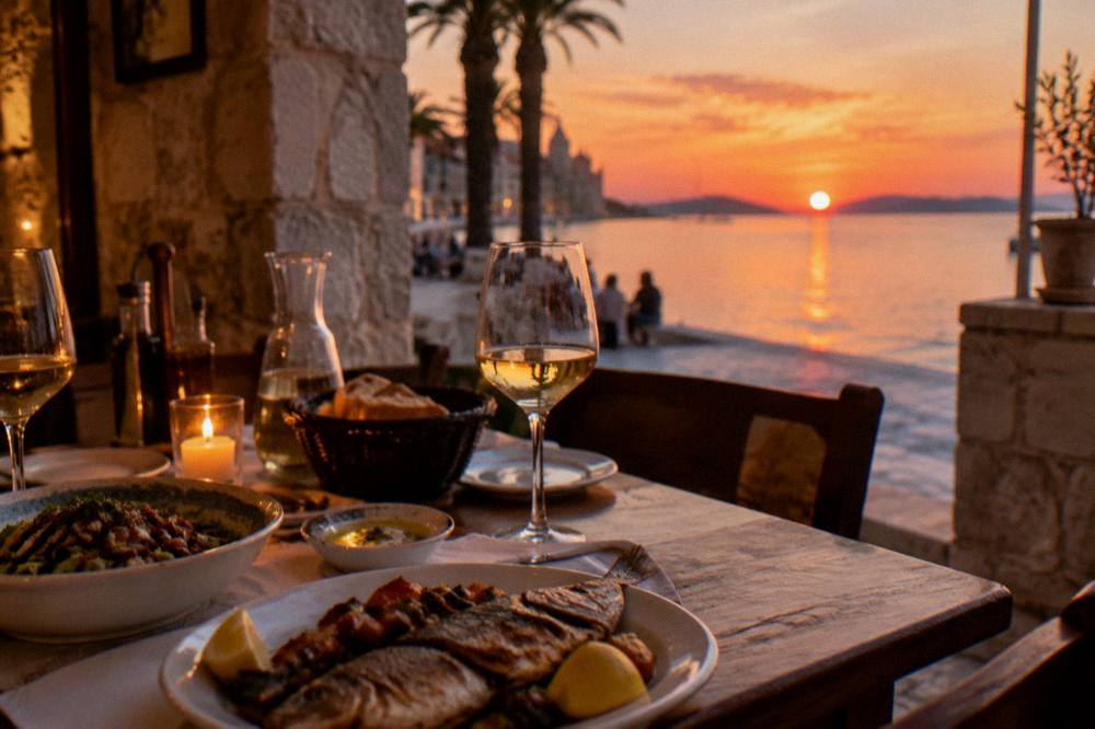 A table of Dalmatian food and wine inside a small stone restaurant in Split in the evening