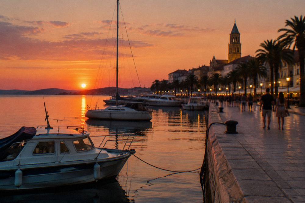 Evening lights along the Riva promenade in Split with moored boats and people strolling