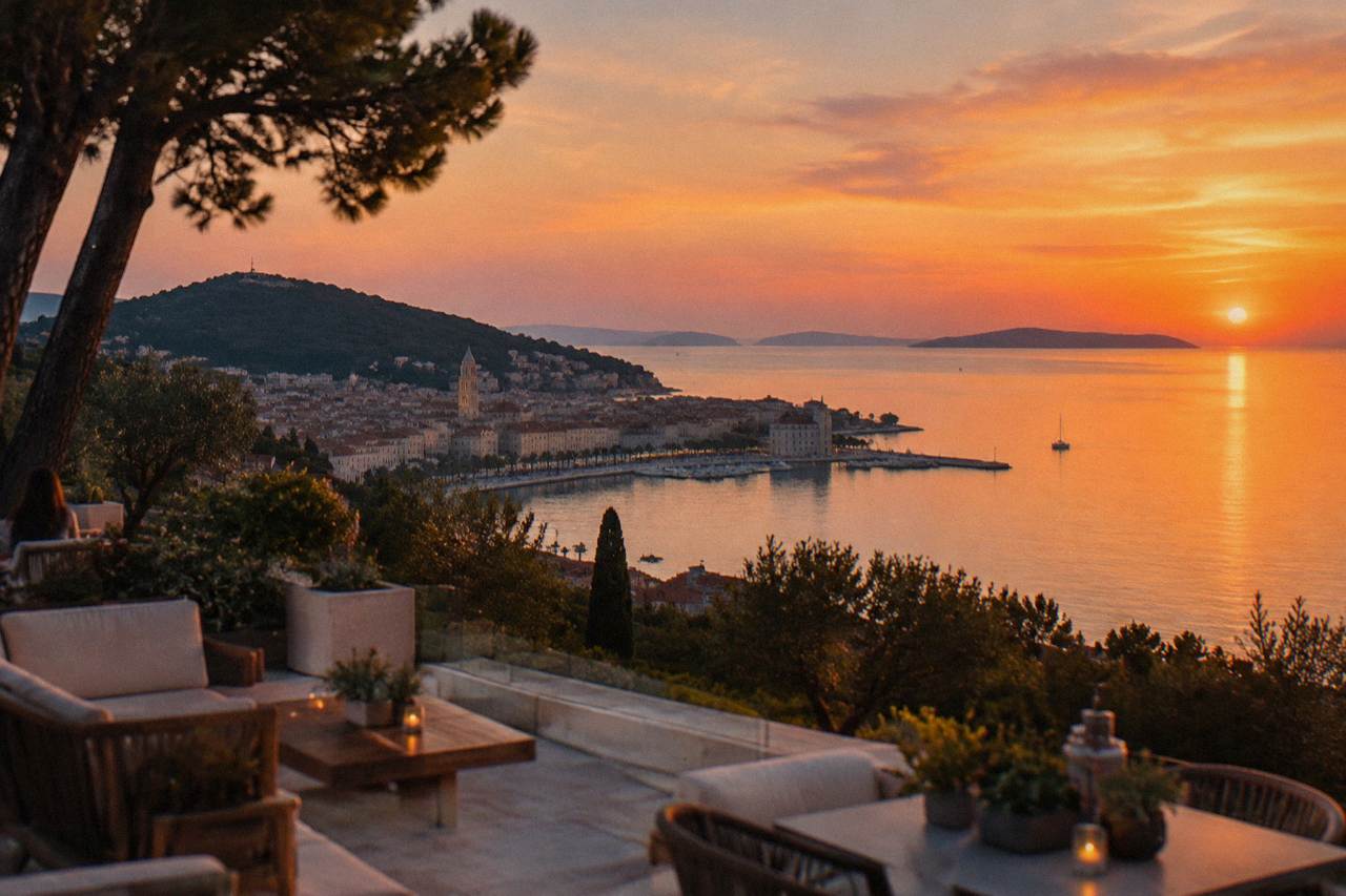 Elegant hotel terrace above the Adriatic with the Split waterfront and Marjan hill in the evening light