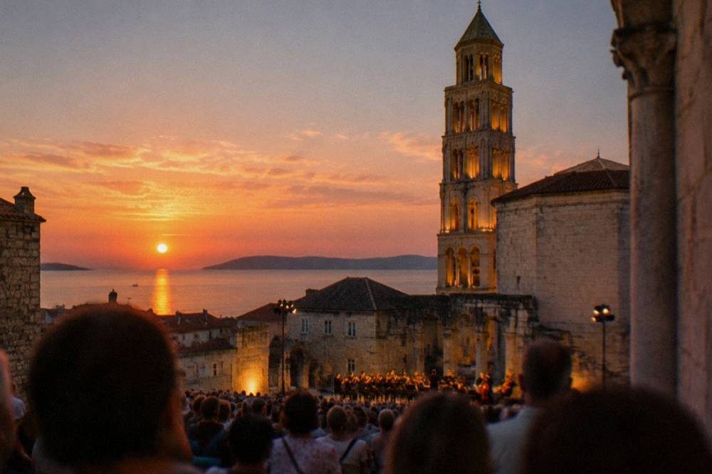 Evening concert crowd in a stone square with lit cathedral bell tower behind
