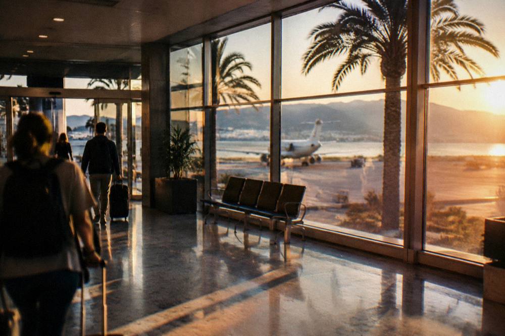 Arrivals area of a small coastal airport with palm trees outside the glass