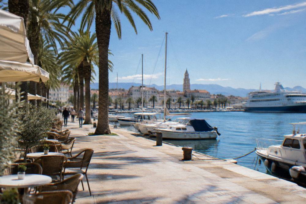 Palm-lined seaside promenade at sunrise with cafe tables and moored boats
