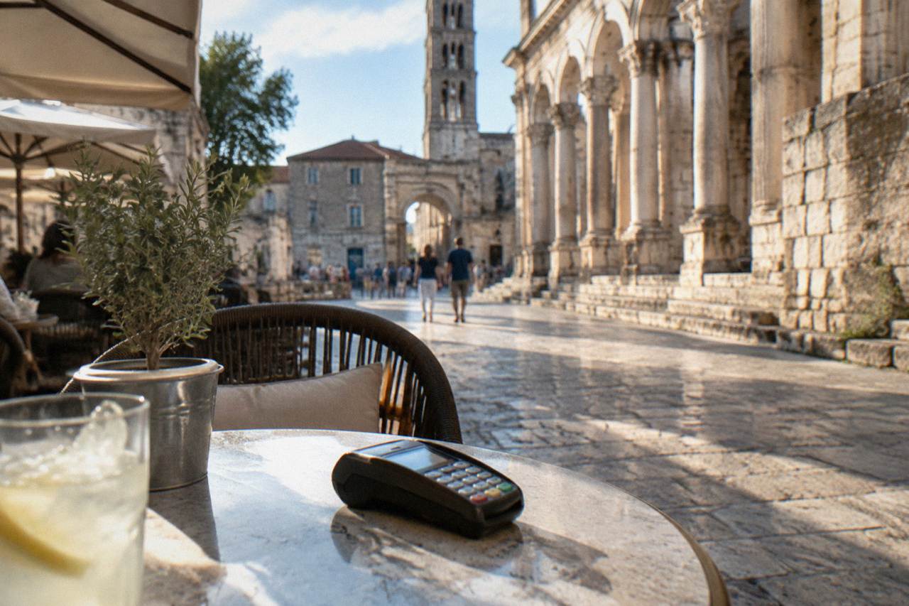 A cafe terrace on a stone square in Split with a card terminal on the table
