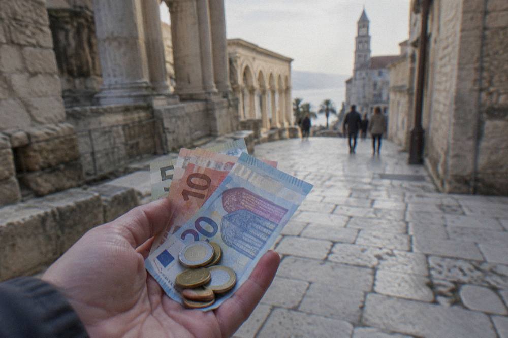 Euro banknotes and coins held in a hand over a stone street