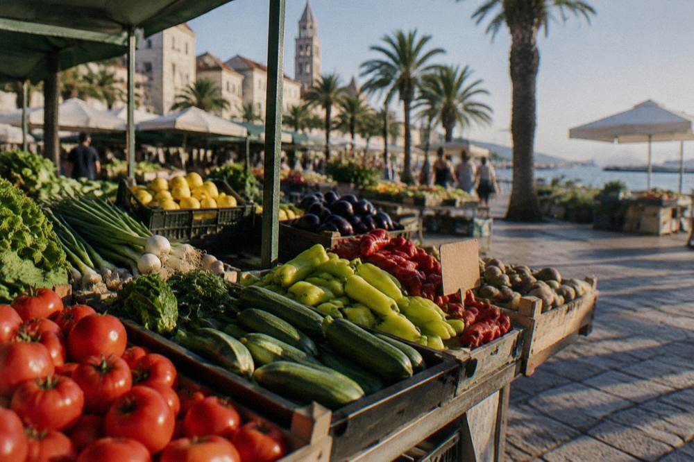 A market stall with fresh produce and a small handwritten price card in Split