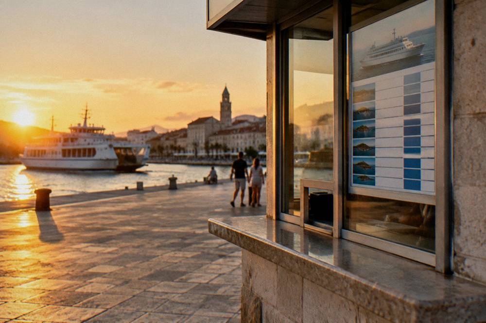 A ferry ticket office window at the Split waterfront with prices on display