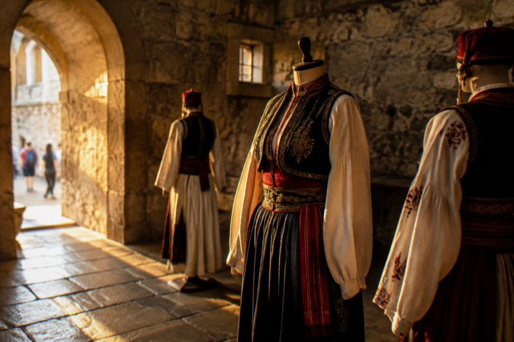 Traditional Dalmatian folk costumes displayed in a dim stone room