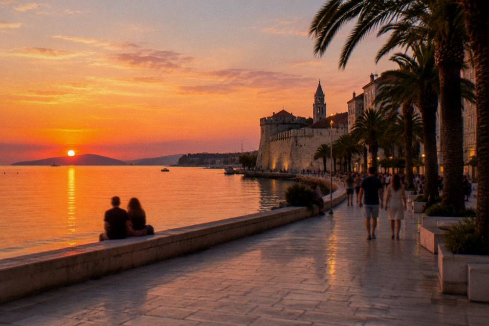 Evening light on the Split Riva promenade with the palace walls behind