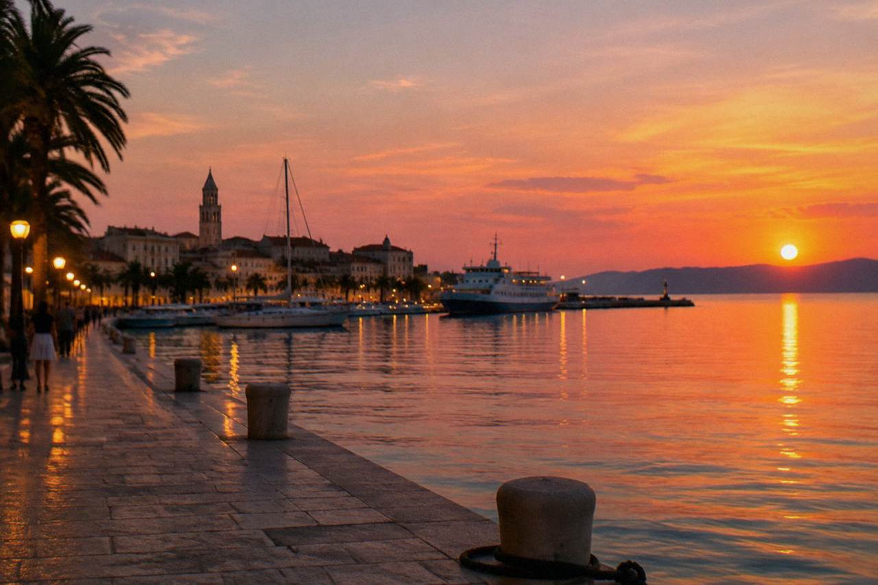 Evening lights along the waterfront promenade in Split with the sea and harbour in view