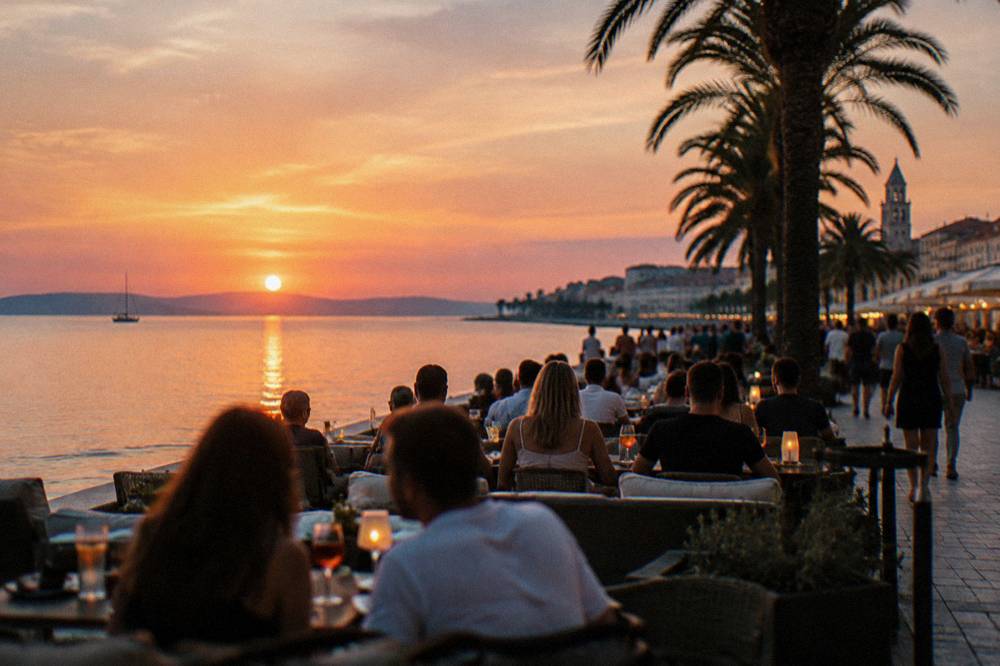 Crowd at an outdoor terrace by the sea at dusk in a Mediterranean city