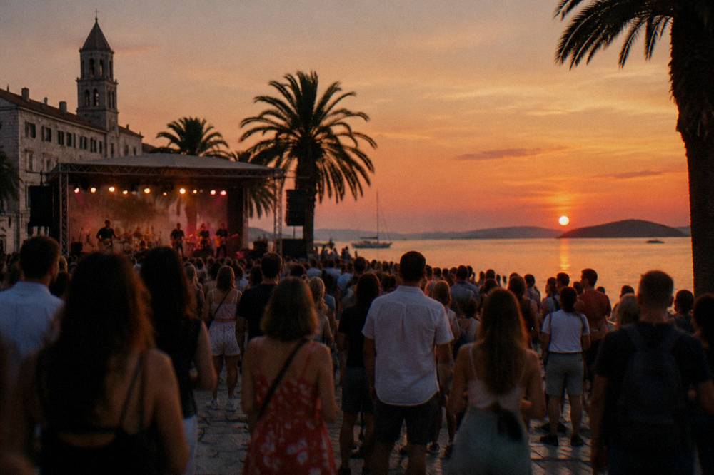 Open air concert crowd in a stone square on a summer evening
