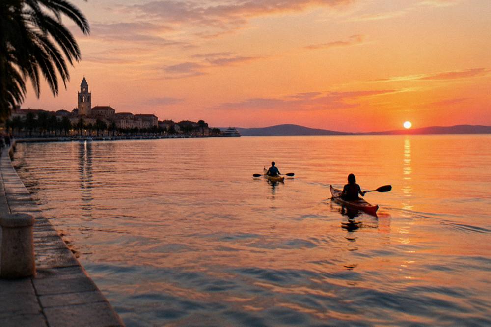 Two sea kayaks on calm water near a coastline at sunset