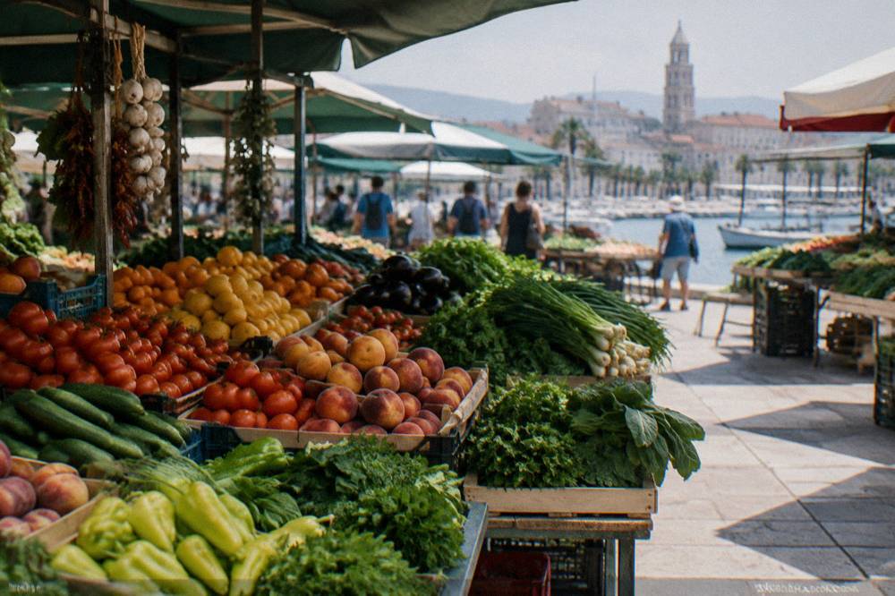 A busy green market stall with stacked fruit and vegetables under an awning in Split