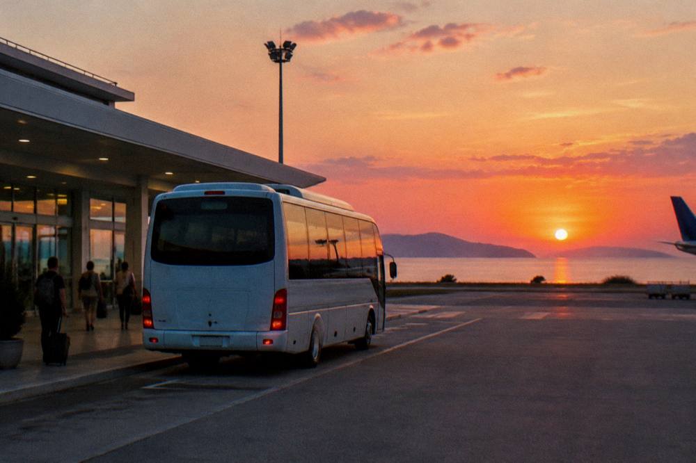 A shuttle bus parked outside a small coastal airport terminal in the evening