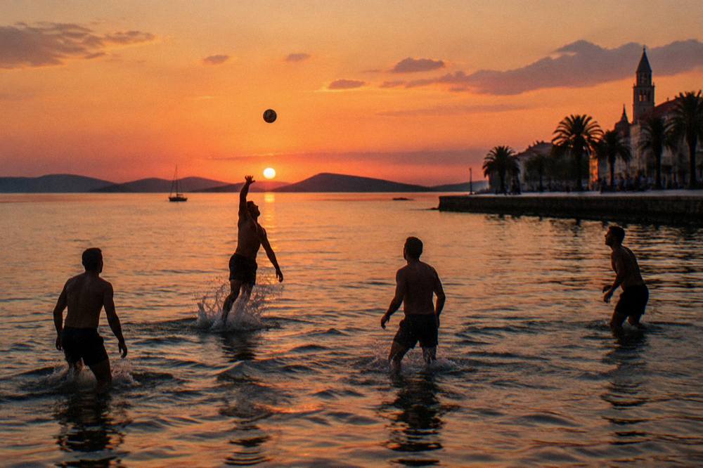 Players leaping in shallow water to hit a small ball at a city beach at sunset