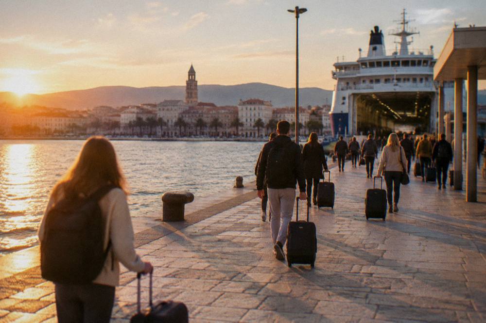 Passengers walking with luggage along the seafront toward the ferry terminal in Split